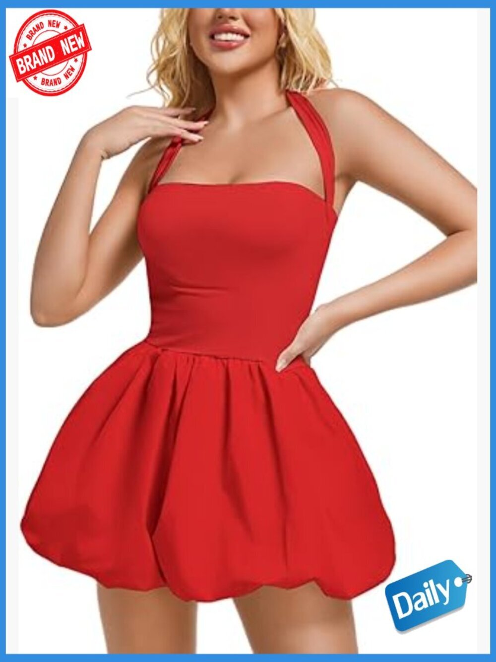 Halter Mini Bubble Dress, Square Neck, Bodycon, Ruched, S-XL